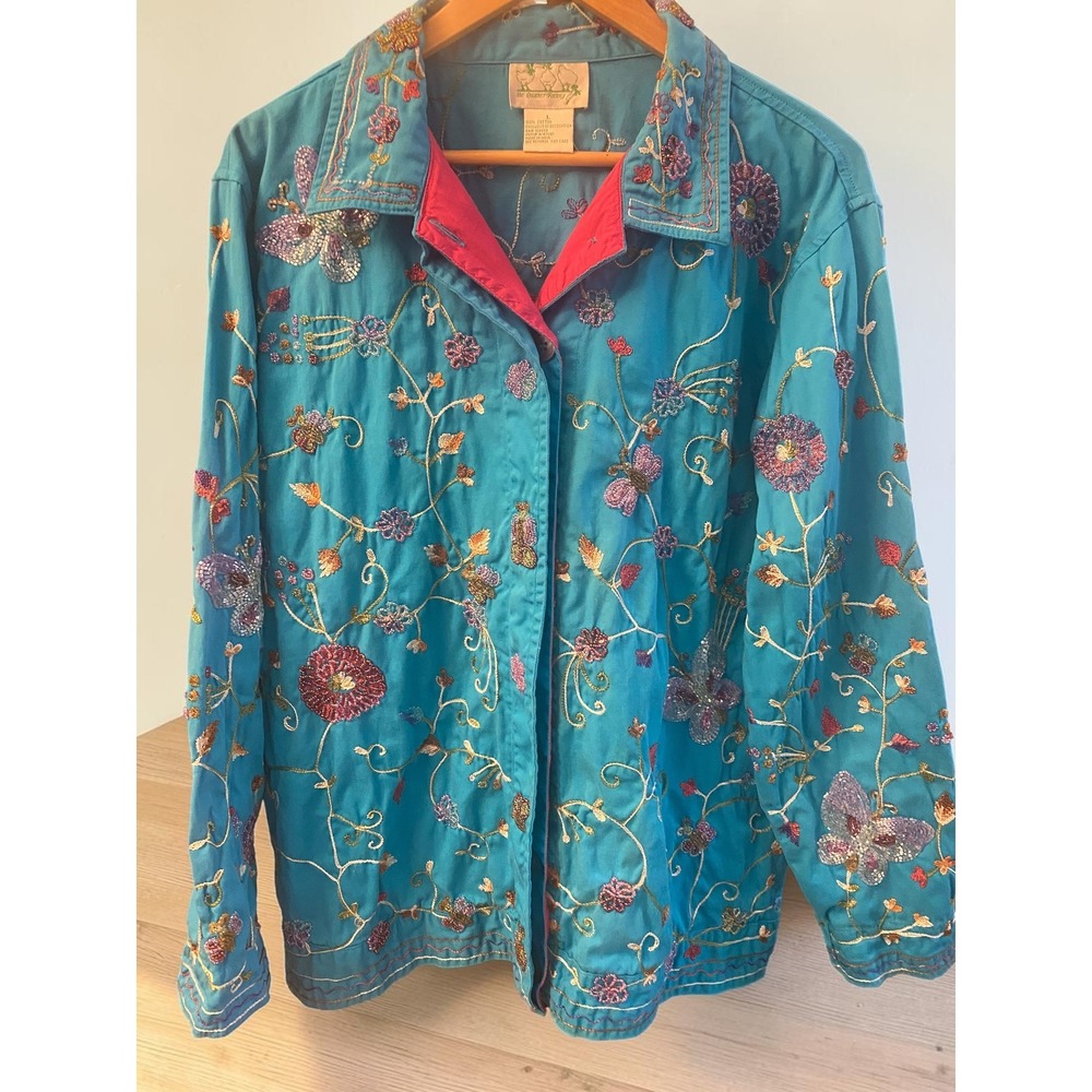 Quacker Factory Embroidered & Beaded Butterfly Floral Turquoise Coat Women's L